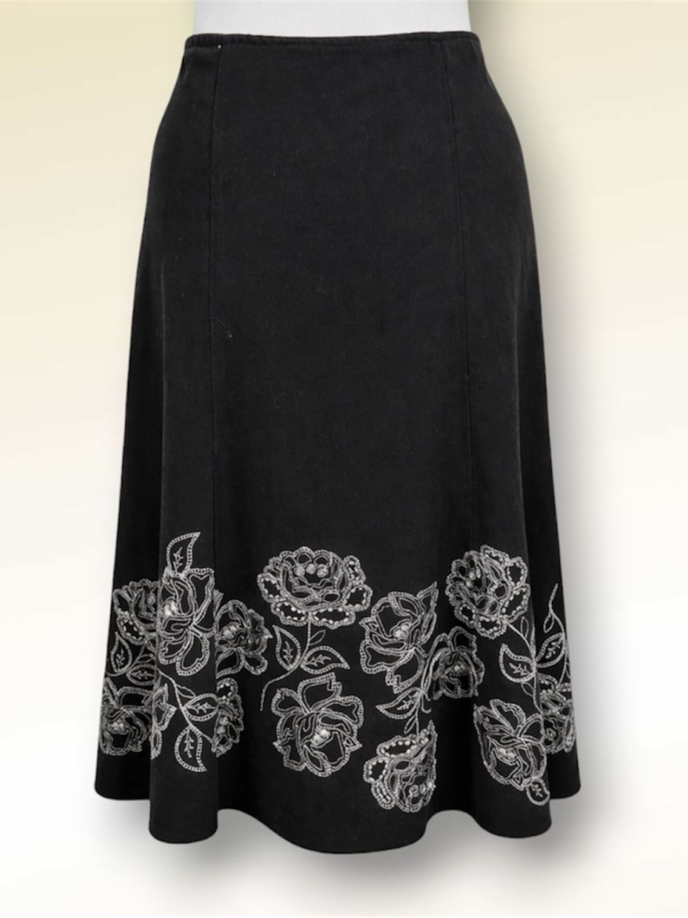 Black Midi Skirt with Silver Floral Embroidery